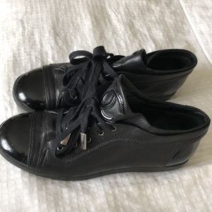 CHANEL lamb skin patent cap toe sneakers